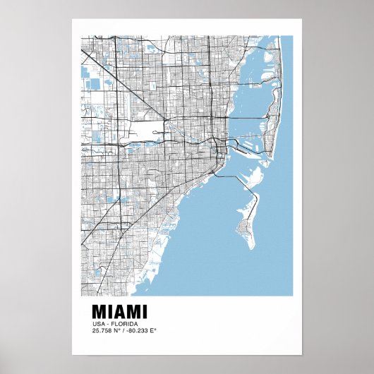 Miami Kaart Poster - Miami Zwart Kaart (Voorkant)