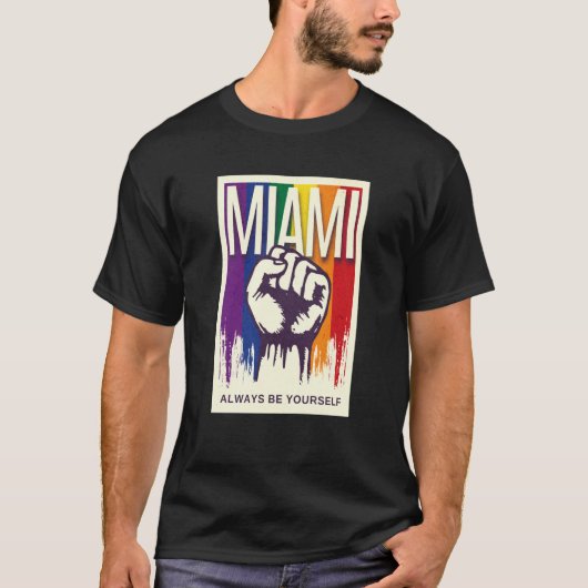 Miami LGBTQ Pride Rainbow Flag Resist Fist Proud L T-shirt (Voorkant)