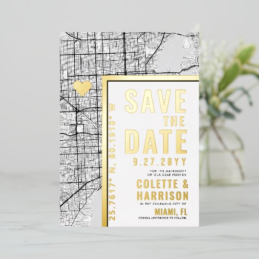 Miami Love Locator | Trouw Save the Date Folie Uitnodiging (Staand Voorkant)