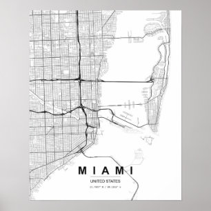 Miami Minimalistische Kaart (Zwart & Wit) Poster