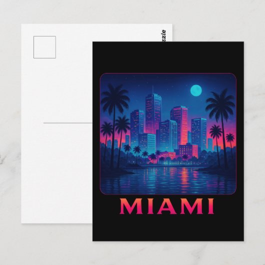 Miami Moonrise - Neon Skyline Briefkaart (Voorkant / Achterkant)