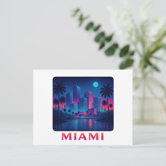 Miami Moonrise - Neon Skyline Briefkaart (Staand voorkant)