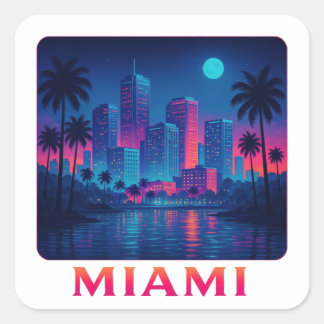 Miami Moonrise - Neon Skyline Vierkante Sticker