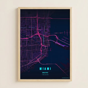 Miami Neon Print Florida Stad Kaart Muurkunst Post