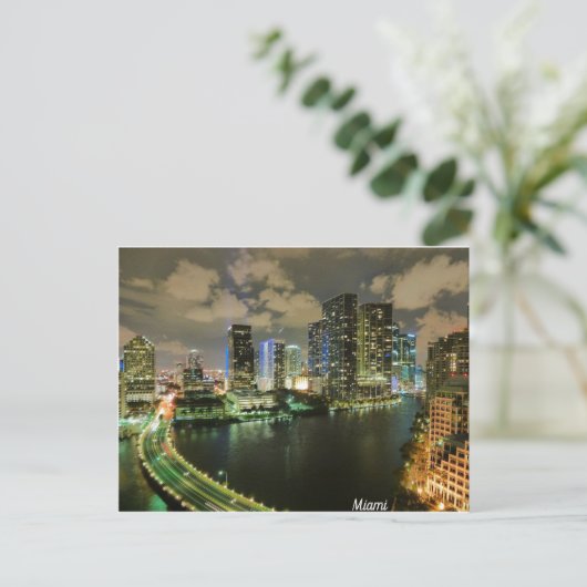 Miami Night Skyline Briefkaart (Staand voorkant)