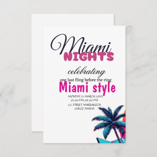 Miami Nights Verjaardagsfeestje Uitnodiging, Zomer Kaart (Voorkant / Achterkant)