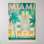 Miami, Ocean Drive Travel Poster<br><div class="desc">Dit originele ontwerp van de Republiek laat beroemde kunstdecoarchitectuur zien op Ocean Drive, Miami, Florida. In pastelblauw en stoffige roze wordt de tropische natuur van de locatie tot leven gebracht. Het belangrijkste kenmerk van het ontwerp is een groot hotel en twee palmbomen die allebei in spotlight eigenschappen worden gebaad die...</div>