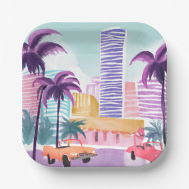 Miami Pastels | Rommelig Schilderij in Waterverf Papieren Bordje