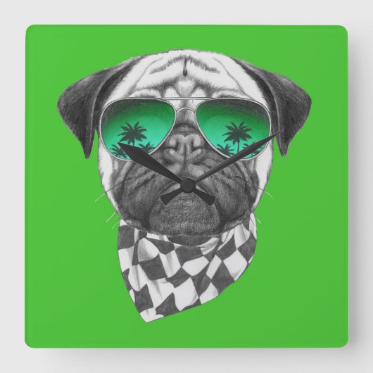 Miami Pug Vierkante Klok (Voorkant)