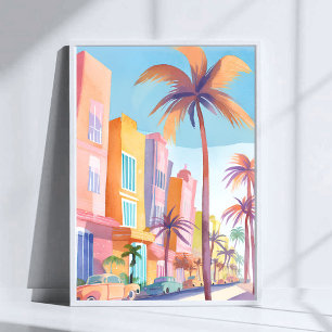 Miami Road Kleurrijke Straat Waterverf Poster