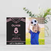 Miami Roze en Zwart Voetbal Party Foto Verjaardag Kaart (Staand voorkant)