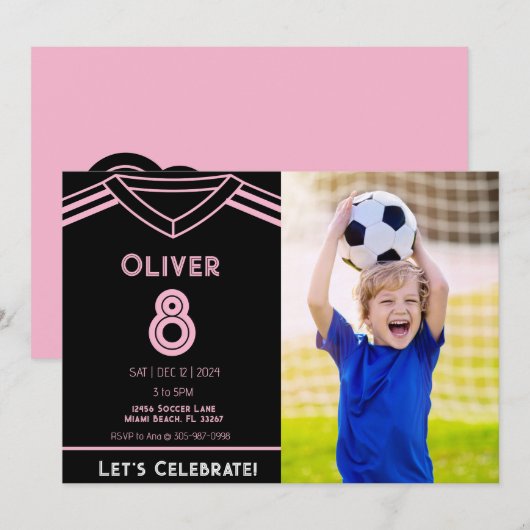 Miami Roze en Zwart Voetbal Party Foto Verjaardag Kaart (Voorkant / Achterkant)