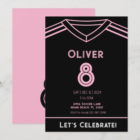 Miami Roze en Zwart Voetbal Party Verjaardag Invit Kaart (Voorkant / Achterkant)