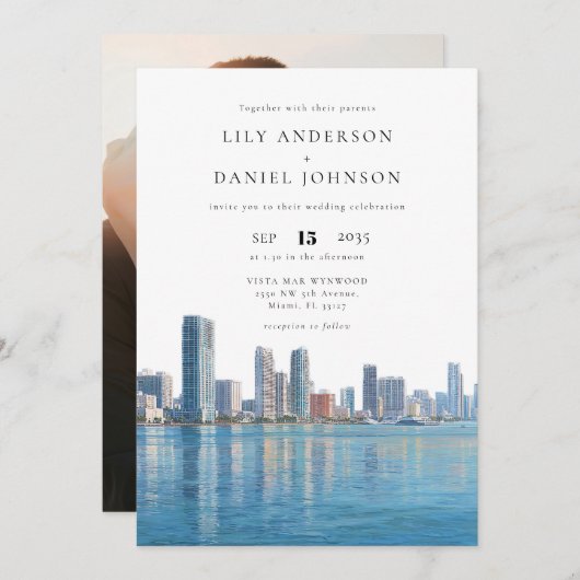 Miami Skyline Bestemming Foto Bruiloft Kaart (Voorkant / Achterkant)