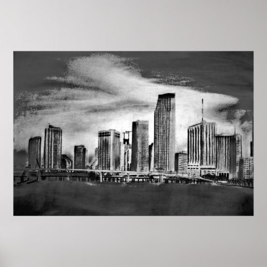Miami Skyline Charcoal Poster (Voorkant)