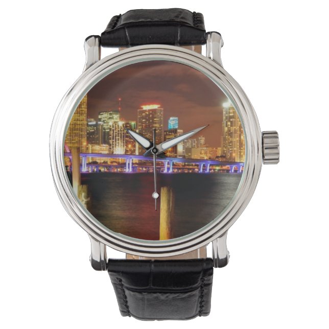 Miami skyline 's nachts, Florida Horloge (Voorkant)