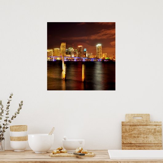 Miami skyline 's nachts, Florida Poster (Keuken)