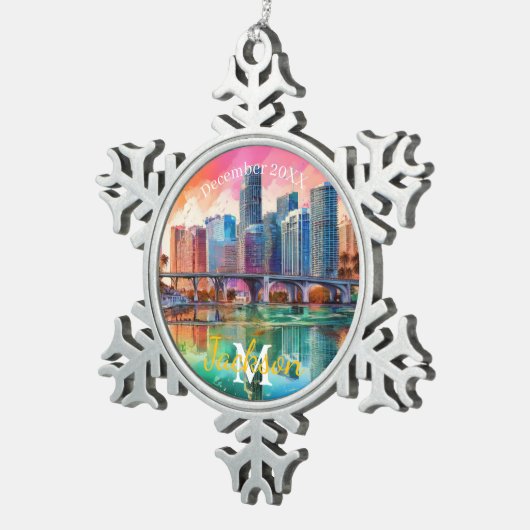 Miami Skyline Snowflake Pewter Kerstversiering Tin Sneeuwvlok Ornament (Rechts)