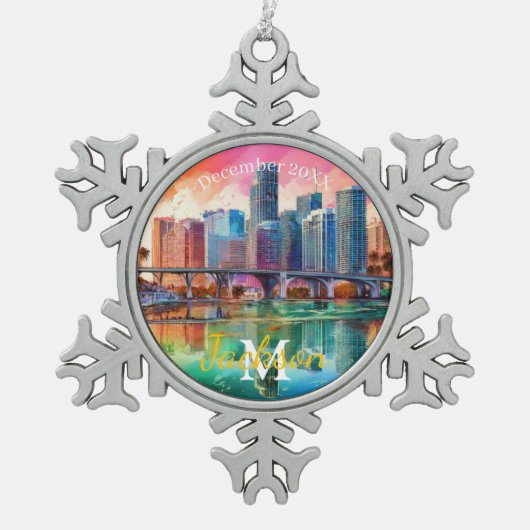 Miami Skyline Snowflake Pewter Kerstversiering Tin Sneeuwvlok Ornament (Voorkant)