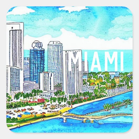 Miami Skyline Tropical Briefkaart Vierkante Sticker (Voorkant)