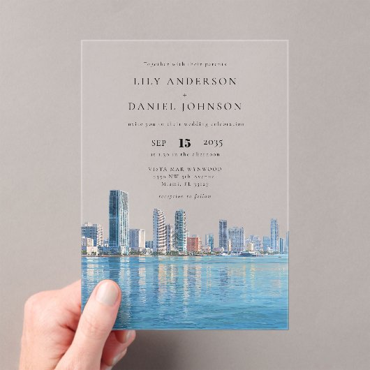Miami Skyline Watercolor Destination Wedding Acryl Uitnodigingen (Insitu (Draagbaar))