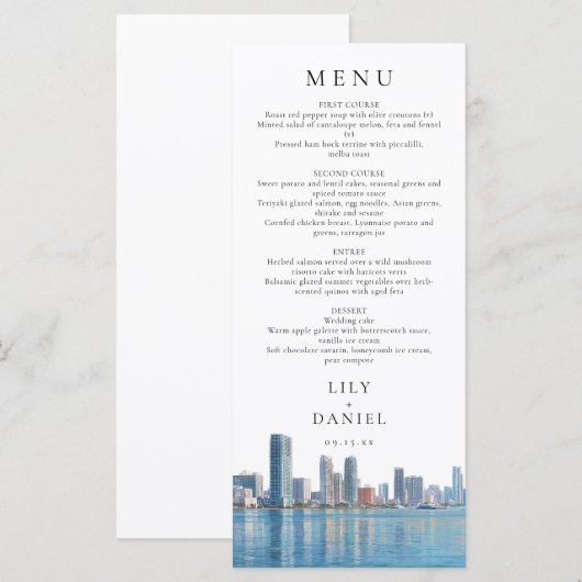 Miami Skyline Watercolor Destination Wedding Menu (Voorkant / Achterkant)