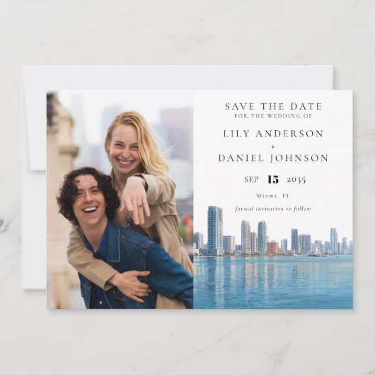 Miami Skyline Watercolor Photo Wedding Save The Date (Voorkant)