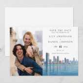 Miami Skyline Watercolor Photo Wedding Save The Date (Voorkant / Achterkant)