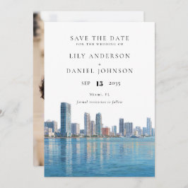 Miami Skyline Watercolor Photo Wedding Save The Date