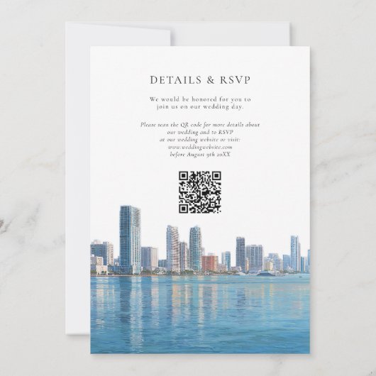 Miami Skyline Watercolor QR Code Wedding Kaart (Achterkant)