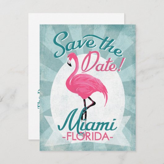 Miami sparen de Datum roze Flamingo Aankondigingskaart (Voorkant / Achterkant)
