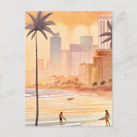 Miami Sunrise | De gele Waterverf Skyline Schilder Briefkaart (Voorkant)