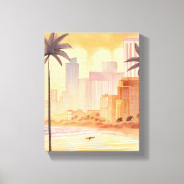 Miami Sunrise | De gele Waterverf Skyline Schilder Canvas Afdruk
