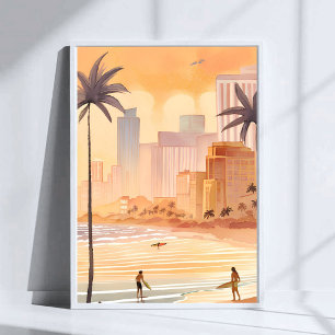 Miami Sunrise Gele waterverf skyline schilderij Poster
