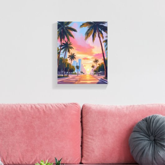 Miami Sunset Palm Trees Canvas Afdruk (Insitu (Woonkamer))