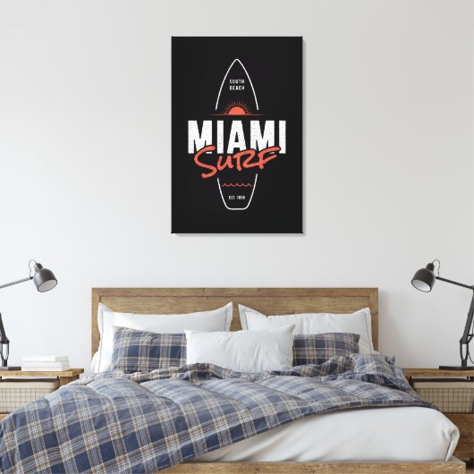 Miami Surf – Vintage strand zonsondergang surfplan Canvas Afdruk (Insitu (Slaapkamer))