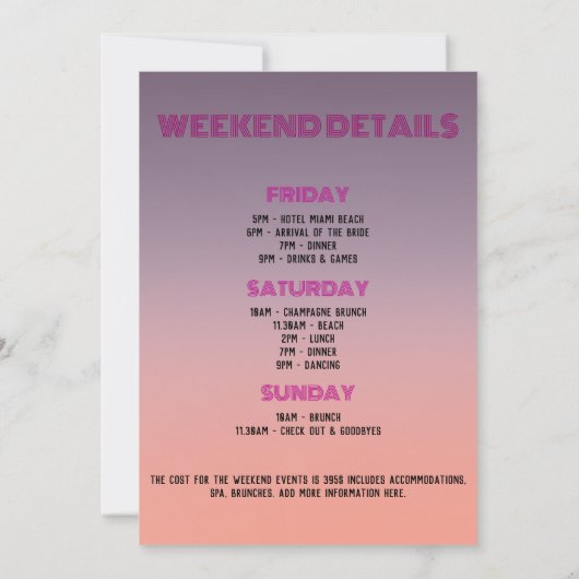 Miami Tropical Palms Sunset Bachelorette Weekend Kaart (Achterkant)