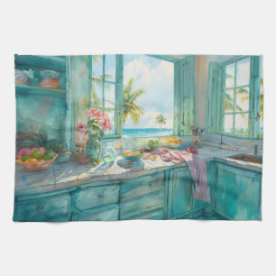 Miami Tropische Keuken Aquarel met Palm en Oc Theedoek
