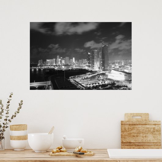 Miami van nacht in zwart-wit poster (Keuken)