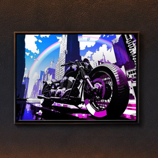 Miami Vice Synthwave Motorcycle Neon Rainbow Art Poster