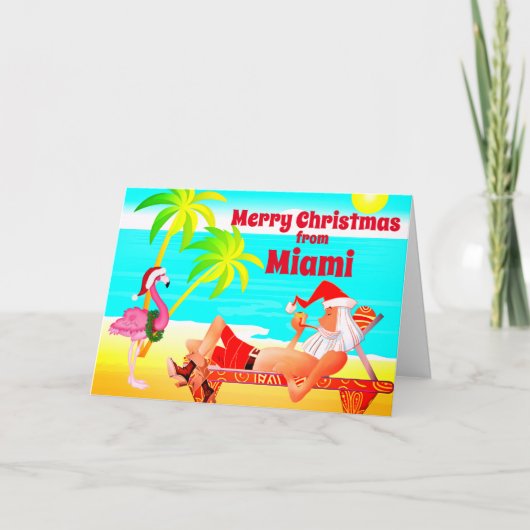 Miami Vrolijke Kerstmis Santa en Flamingo Beach Feestdagen Kaart (Voorkant)