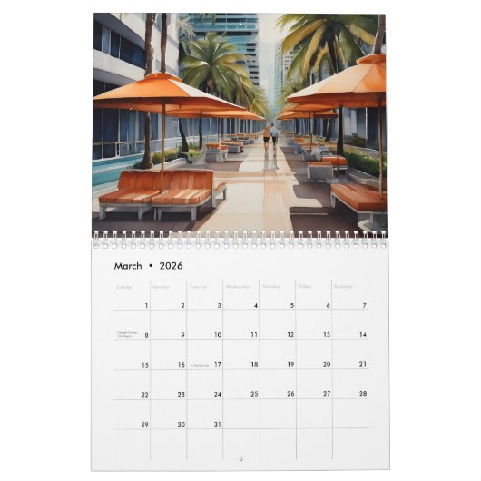 Miami waterverf kunst kalender (Mar 2026)