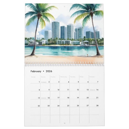 Miami waterverf kunst kalender (Feb 2026)