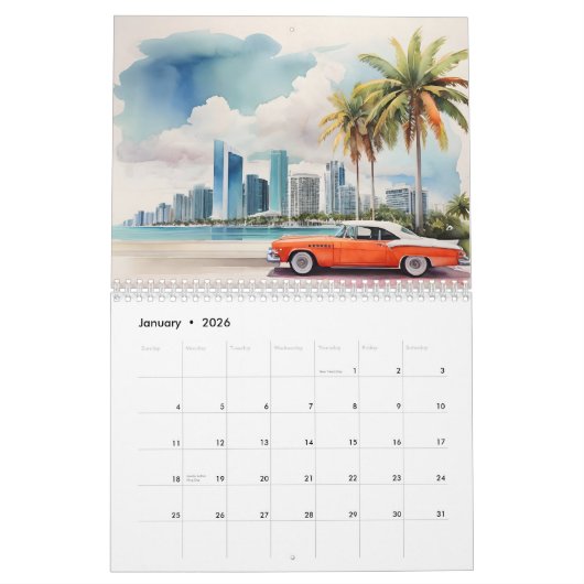 Miami waterverf kunst kalender (Jan 2026)