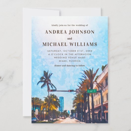 Miami Waterverf Stad Bestemming Bruiloft Kaart (Voorkant)
