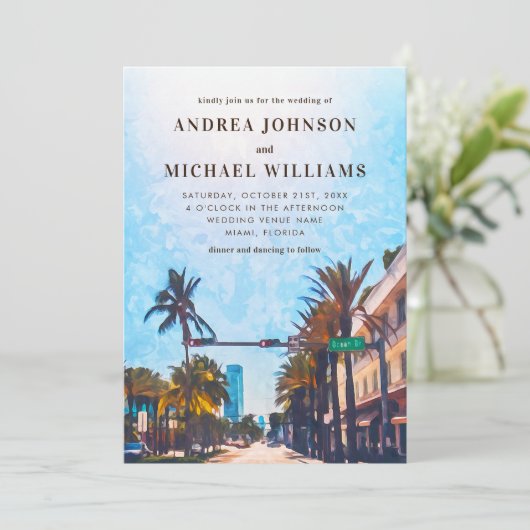 Miami Waterverf Stad Bestemming Bruiloft Kaart (Staand voorkant)