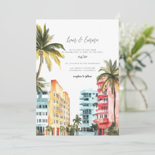 Miami Wedding Invitation Waterverf Vintage Kaart (Staand voorkant)