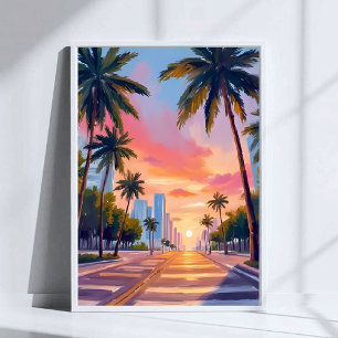 Miami Zonsondergang Palmboom Poster