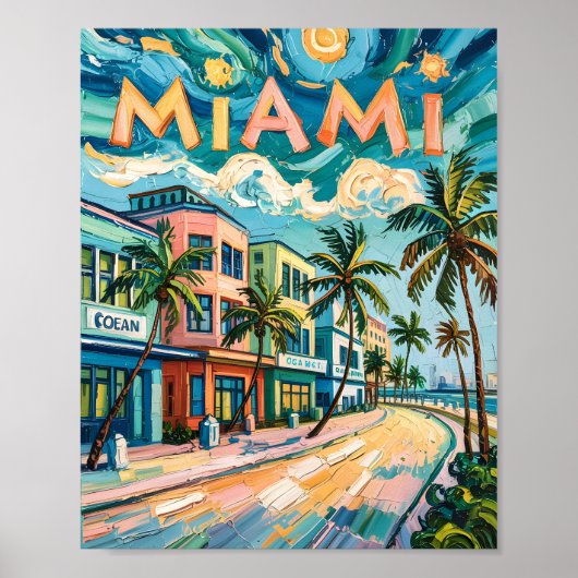 Miami's Ocean Drive Art in Van Gogh's Style Travel Poster (Voorkant)