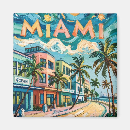 Miami's Ocean Drive Reiskunst in Van Goghs stijl Magneet (Voorkant)